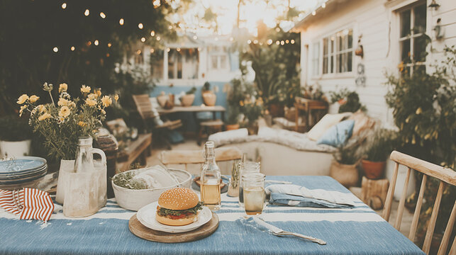 An oil painting of a hamburger on a table in an American caf&eacute; / ハンバーガーがテーブルに置かれたアメリカのカフェの油彩イラスト
