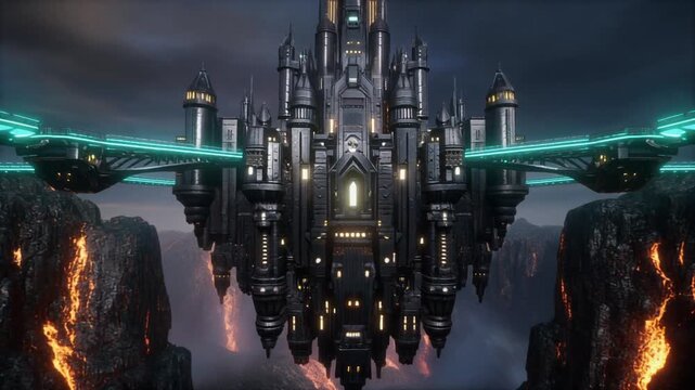 Dark floating gothic castle with glowing energy wings suspended above a fiery volcanic chasm in a fantasy realm