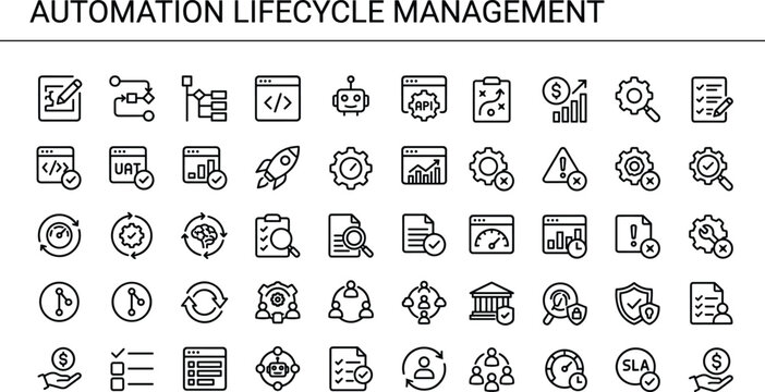 Automation lifecycle management icon collection in minimal outline style for process workflows, system monitoring, and software interface design