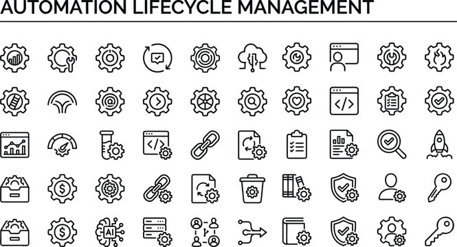 Automation lifecycle management icon set in minimal outline style for process control, system operations, and software interface design