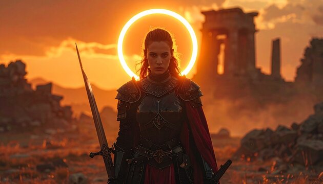 A Medieval Warrior Woman stands illuminated by a solar eclipse, holding a sword and shield amidst ancient ruins