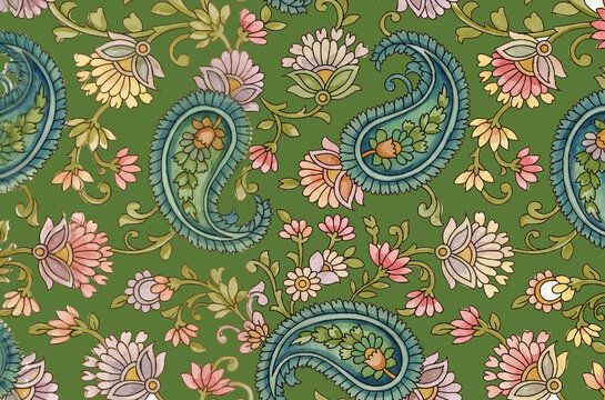 Traditional Indian Kalamkari seamless pattern with detailed paisley motifs and ornate chintz floral vines. Perfect for digital textile printing on luxury kurtas, sarees, and festive ethnic wear. Avail