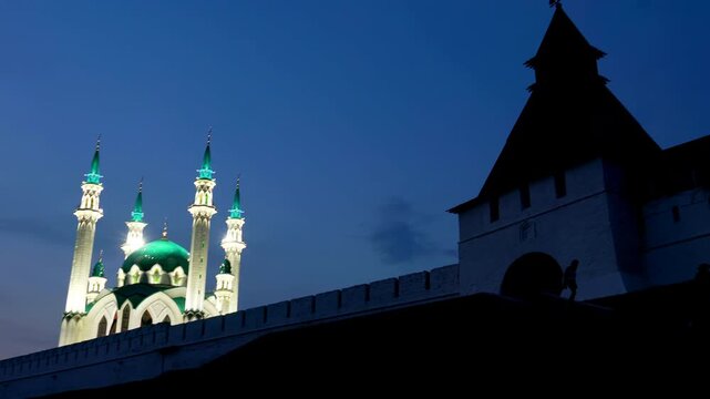 Kazan, Russia. Kul Sharif Mosque. Kremlin walls. Transfiguration Tower of the Kazan Kremlin. Night