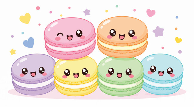 Cute Kawaii Macaron Characters with Happy Faces