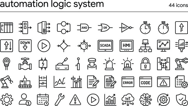 Automation logic system line icon set for industrial control programming process monitoring and smart technology applications