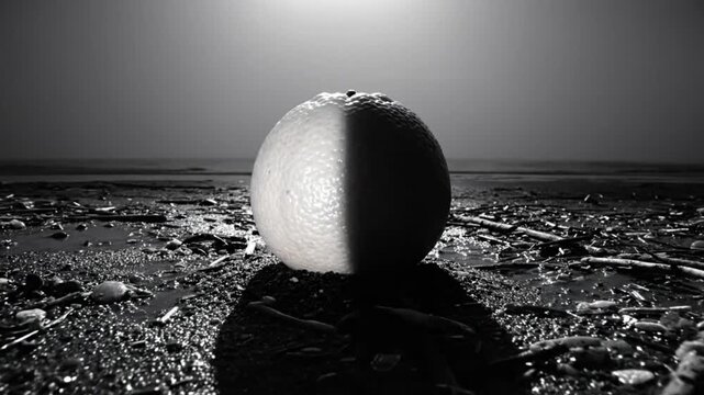 Surreal monochrome cinematic shot of a split orange fruit on a rocky beach with dramatic lighting.