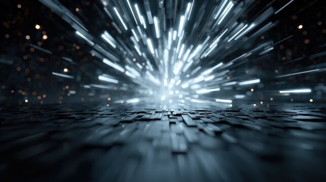 Abstract 3D Explosion Of Glowing Rectangular Bars With Blue White Neon Particles And Sci Fi Energy