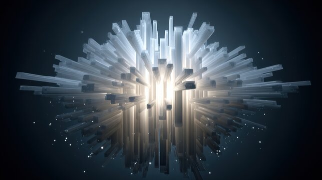 Abstract 3D Explosion Of Glowing Rectangular Bars With Blue White Neon Particles And Sci Fi Energy