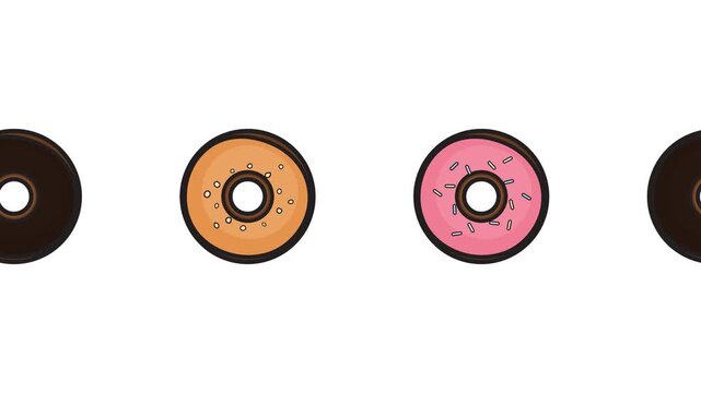 Looping animation of rolling donuts with chocolate strawberry and caramel glaze