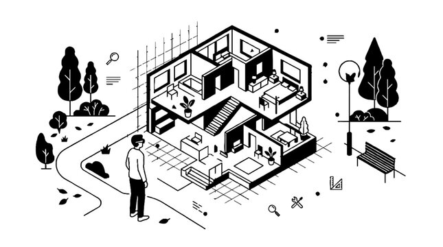 Isometric house blueprint model with architectural landscape design