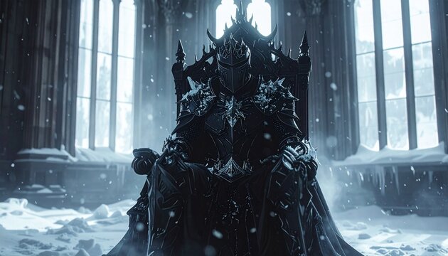 The Lich King sits on his icy throne, a formidable and chilling presence in a snow-dusted hall, embodying a dark, powerful fantasy king