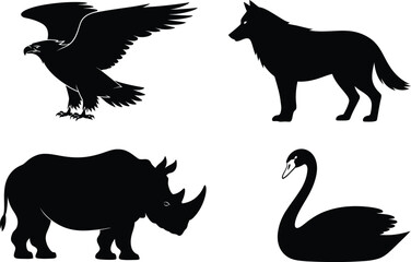 Wildlife silhouettes vector illustration set with eagle wolf rhino and swan © MDTOFIZUL