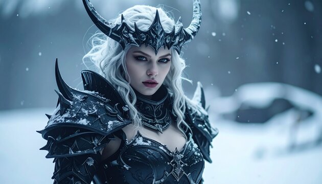Mysterious ice queen with striking silver hair and armor in a snowy, wintery landscape