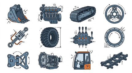 Collection of Heavy Machinery Parts and Components Illustration. © Wisnu