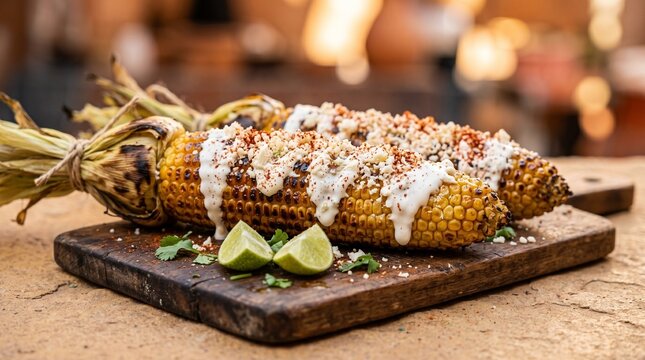 Mexican grilled corn elotes with crema, cotija cheese and chile powder on dark wood board, close-up, copy space, street food photography