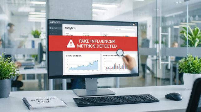Professional Computer Screen Displays Fake Influencer Metrics Warning in Modern Office