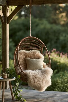 Cozy woven rattan hanging egg swing chair with soft fur throw and linen pillow placed on wooden patio overlooking lush green summer garden perfect for outdoor relaxation