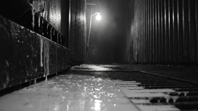 Black and white shot of liquid pouring into dark industrial drain, creating foam, with light bulb illuminating damp metal.