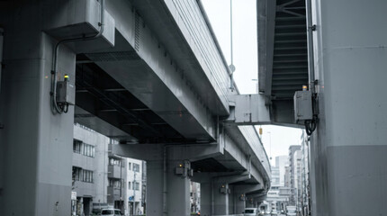 Fototapeta premium Industrial Elevated Roadway and Support Pillars in Urban Setting