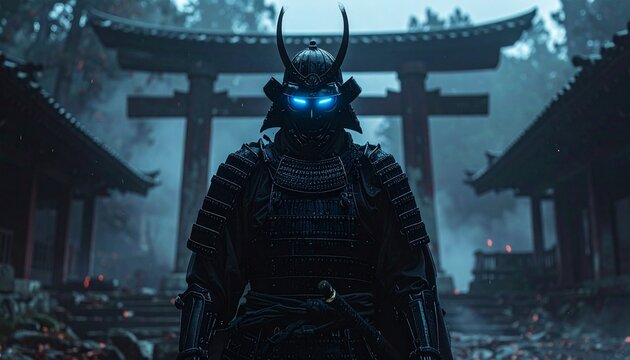 A powerful and imposing samurai warrior with glowing blue eyes stands before a traditional Japanese shrine gate, exuding an aura of ancient strength and mystical power