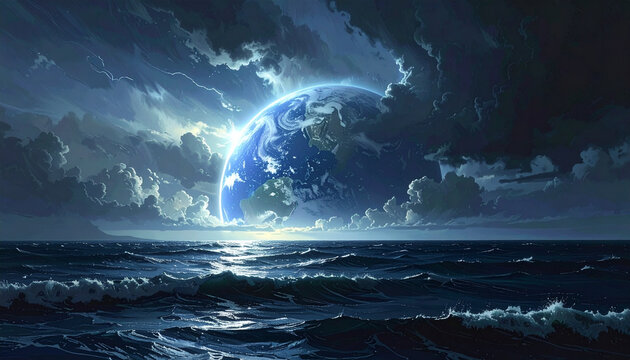 Earth over ocean with dramatic clouds