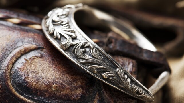 spur. Close-up of an ornate silver spur and bridle bit on weathered leather, sunlight glinting. event programs, museum guides, designed for cultural heritage projects and event programs.