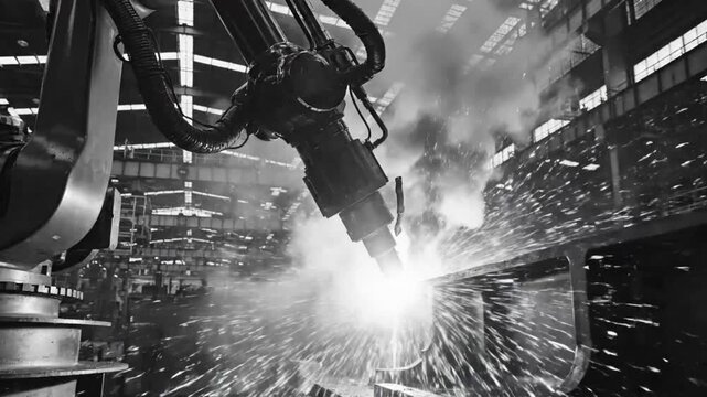 Industrial Robot Welding a Metal Structure, Generating Sparks and Smoke in a Manufacturing Facility
