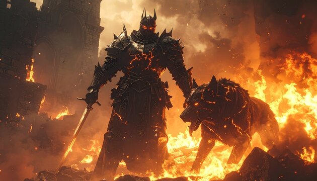 Epic fantasy warrior in dark armor with fiery wolf companion amidst burning ruins, a scene of destruction and power