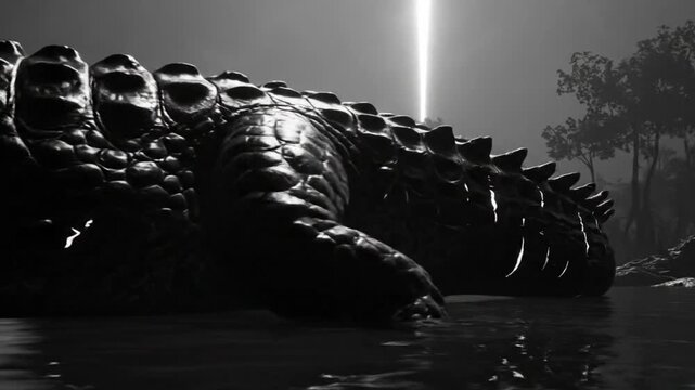 Monochrome rendering of a large crocodile in water with bright light illuminating the swamp background