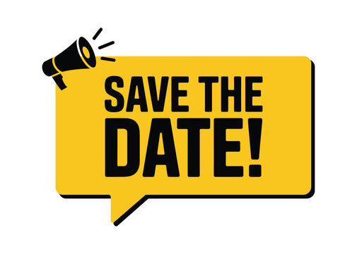 Megaphone with save the date speech bubble, vector illustration featuring loudspeaker banner for business marketing, advertising campaigns, event announcements, and promotional communication concepts