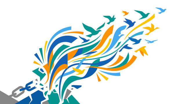 Colorful abstract design of birds escaping chains