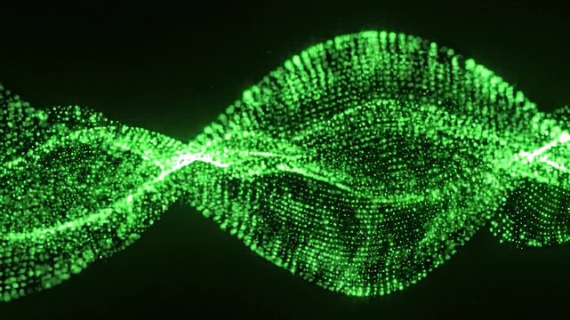 Abstract green glowing particles forming a dynamic wave pattern on black background.