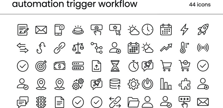 Automation trigger workflow line icon set for business process management system integration dashboard and digital productivity applications