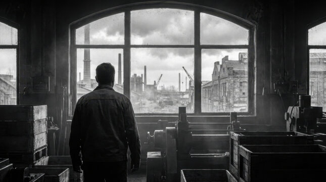 Dark Issue Man in Industrial Workshop Looking Out Window