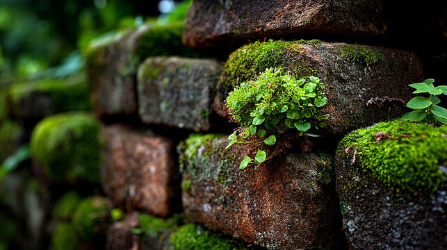 Weathered red brick wall overgrown with green moss weathered background construction material