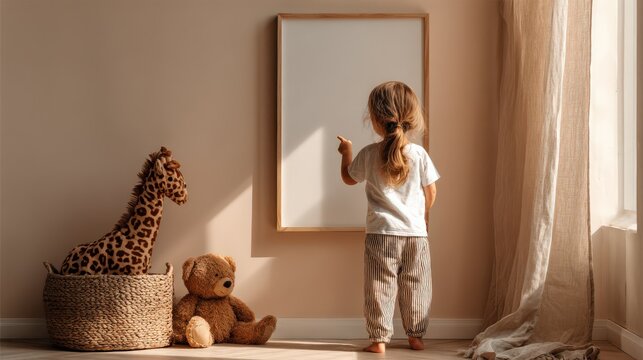 Little Girl Pointing At Blank Poster Frame In Pink Nursery Room With Toys And Soft Sunlight