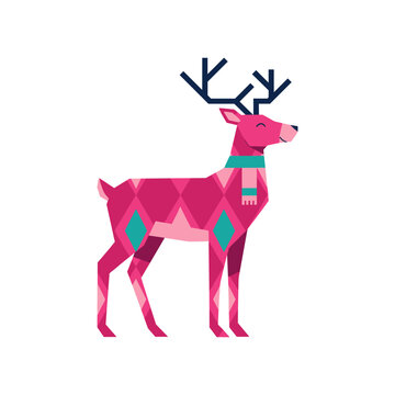 Geometric reindeer with pink argyle pattern and teal scarf on white background