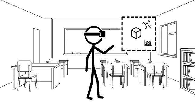 Student using virtual reality headset in empty classroom