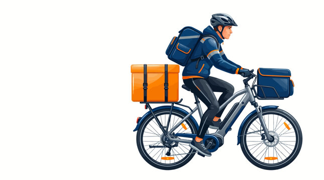 Delivery man riding bicycle with packages on back and front