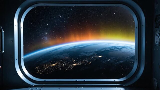 View of Earth from space with aurora lights glowing at sunset