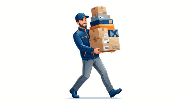 Delivery man carrying stack of cardboard boxes
