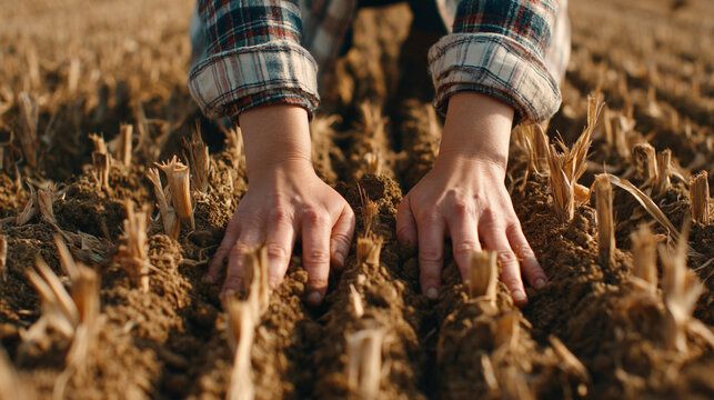 Hands of a farmer touching dry soil and crop stubble in a harvested field with agriculture