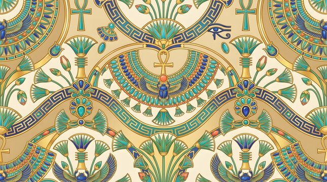 Egyptian Ornamental Seamless Background with Sacred Symbols