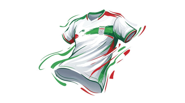 Expressive brushstroke vector illustration of a white soccer jersey with green and red accents, featuring a stylized crest and dynamic motion lines on a plain white background.