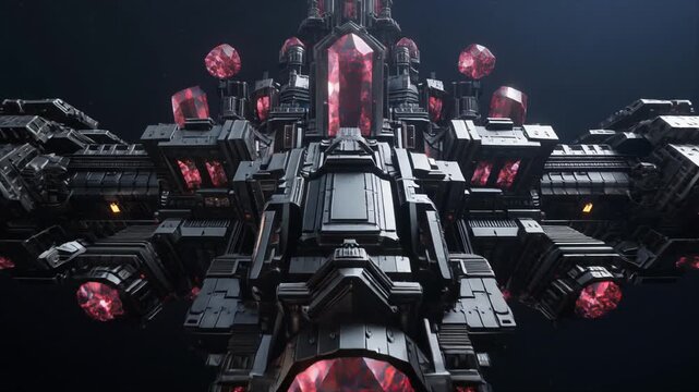 Futuristic Space Station With Glowing Red Crystals