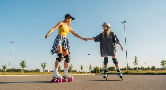 Two Happy Young Women Roller Skating and Inline Blading Together in a Sunny Outdoor Park at Sunset