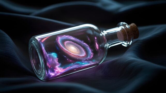 Glass bottle with a cork stopper containing a vibrant, swirling galaxy inside, resting on dark, flowing silk fabric.