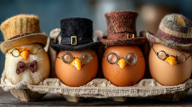 Row of four dressed up eggs with top hats and glasses sitting in a cardboard carton tray, bow tie