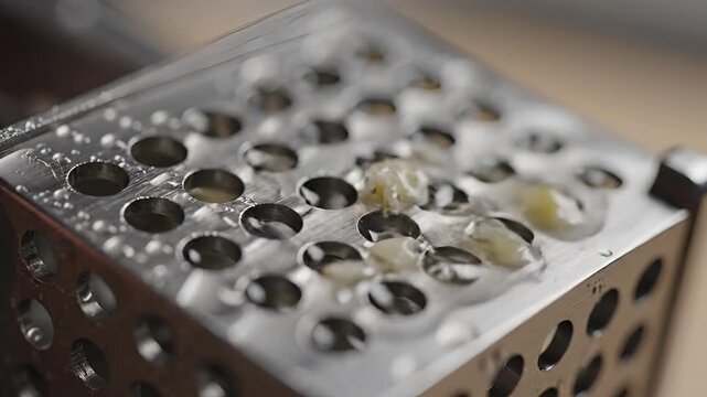 Closeup of a metal grater with food being grated.