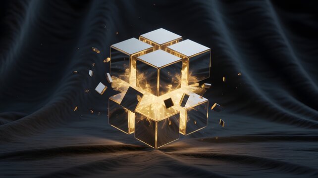 Abstract cubes with metallic surfaces break apart, revealing a glowing golden core against a dark, textured fabric.